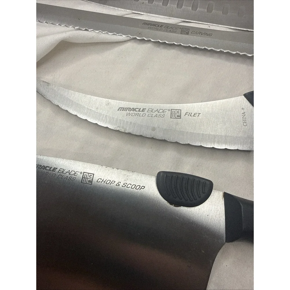 Miracle Blade III 5 Pc Knife Chop Carve Cheese Rock Filet 17 Slot Wood Block Lot